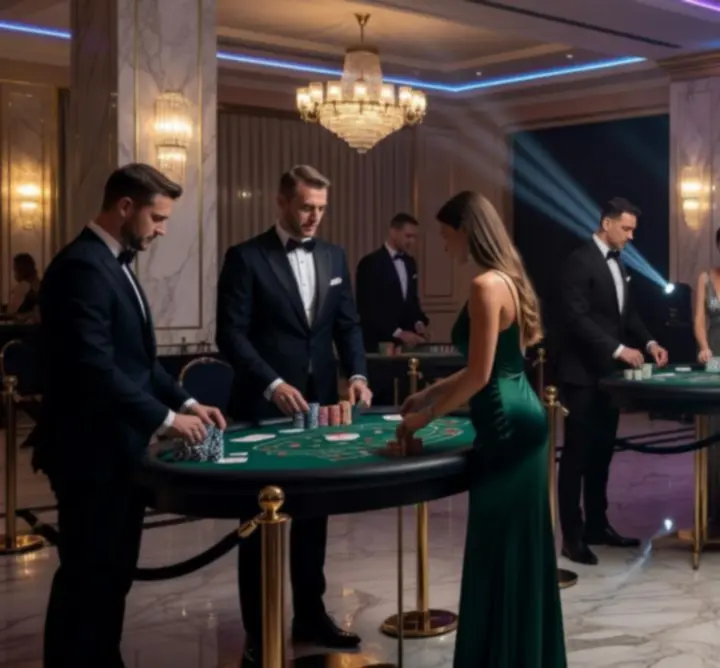 Zespół AGENCJA EVENTOWA Łukasz Sil przy eleganckim stole pokerowym na ekskluzywnym evencie