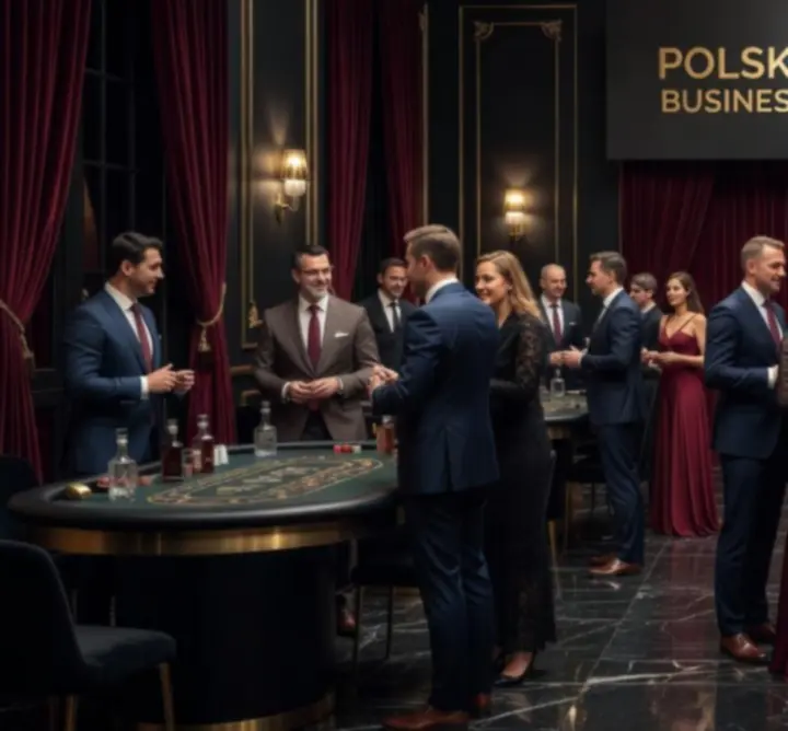 Luksusowy event firmowy w stylu casino z elegancką aranżacją i stołami do gier