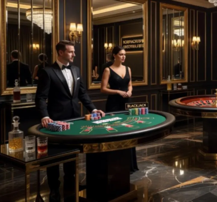 Stoły do pokera, ruletki i blackjacka przygotowane na event firmowy