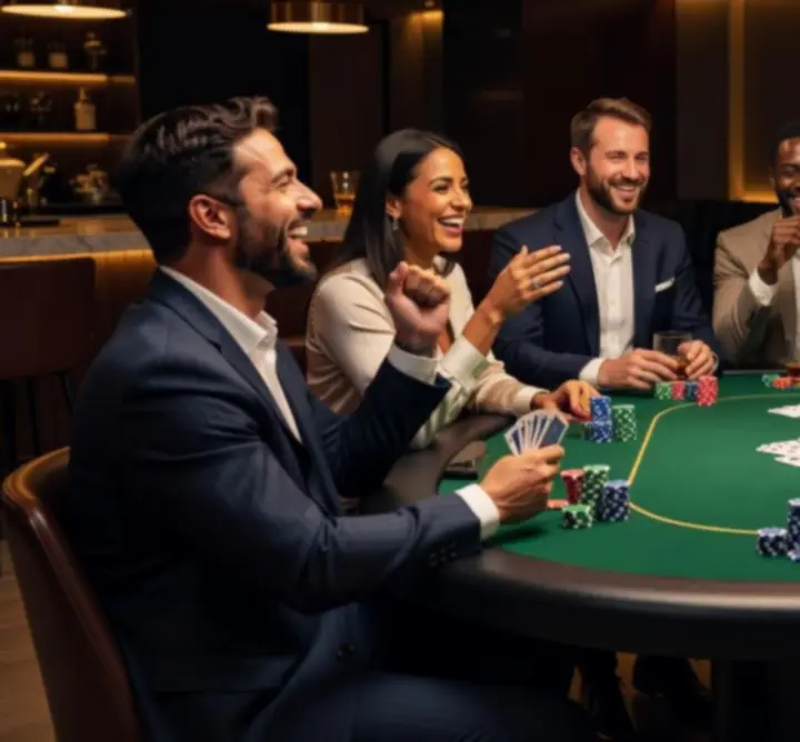 Zespół firmy integrujący się przy stole pokerowym podczas eventu