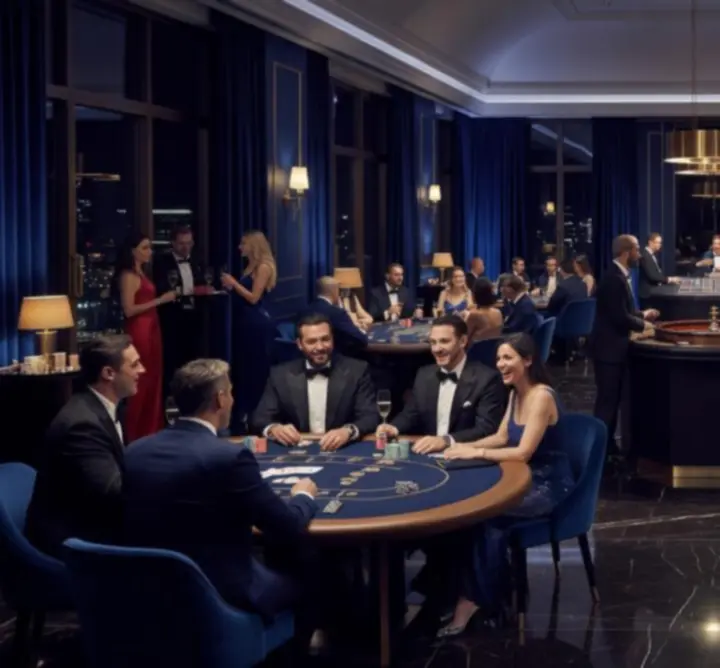 Goście bawiący się przy eleganckich stołach pokerowych podczas nocnego eventu w stylu casino.