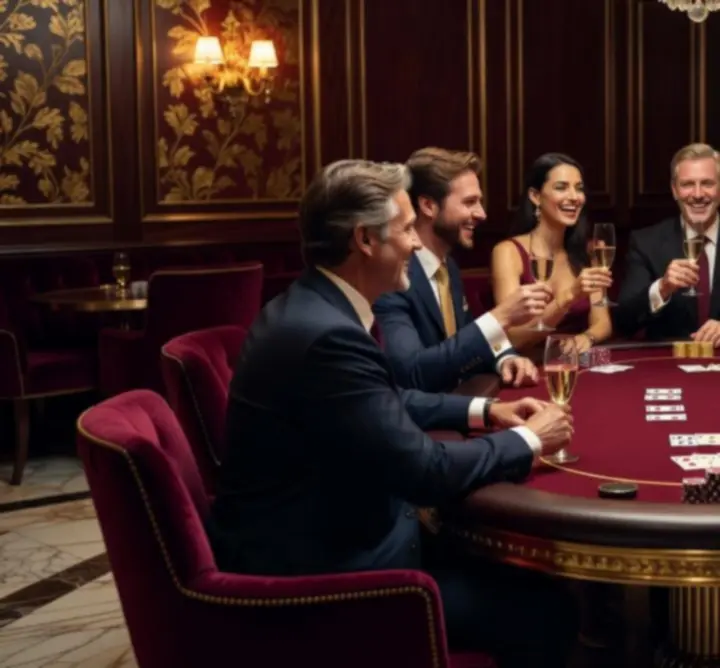 Prywatna impreza przy eleganckim stole pokerowym z uśmiechniętymi gośćmi.