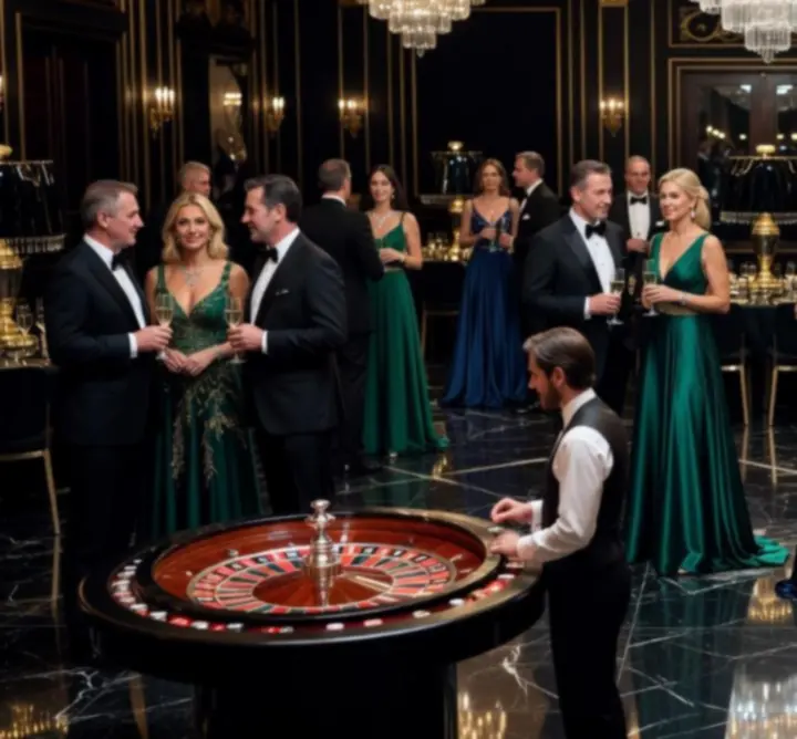 Ekskluzywna gala nocna w stylu VIP z elegancką aranżacją i strefą gier casino.